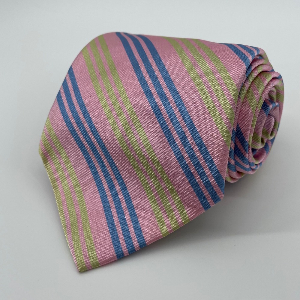 Brooks Brothers 346 Men's Silk Necktie Pink Blue Green Repp Stripe Made in USA - Picture 1 of 4